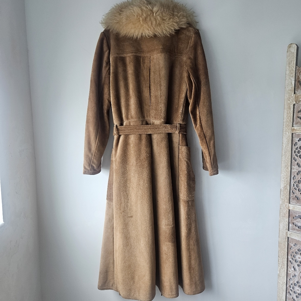 Vintage Genuine Suede Leather Tan Belted Pleated Pockets Pennylane Coat - Picture 10 of 16